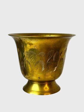 Vintage Brass Etched Bowl With Floral Design Made In India 3.5" Tall 4.25" Diame